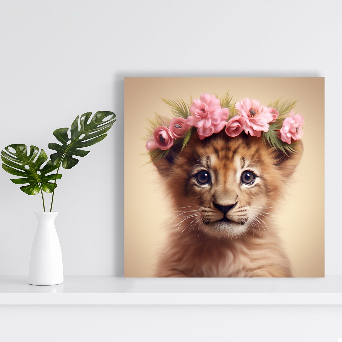 Adorable Lion Cub with Pink Floral Crown Nursery Portrait Wall Poster - Image 2
