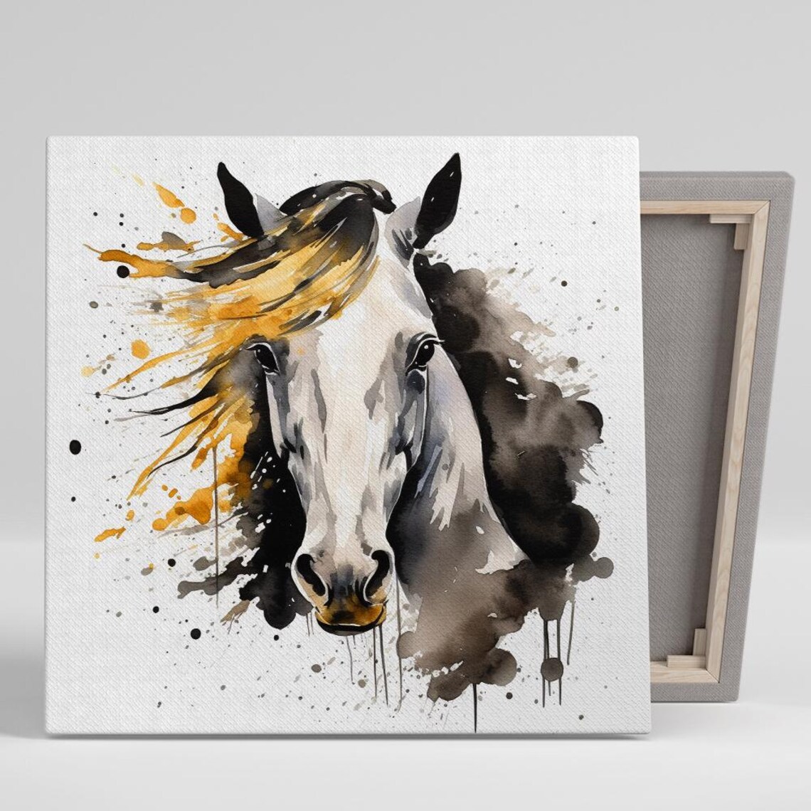 White Horse Head Watercolor Portrait With Golden Splash Accents Poster
