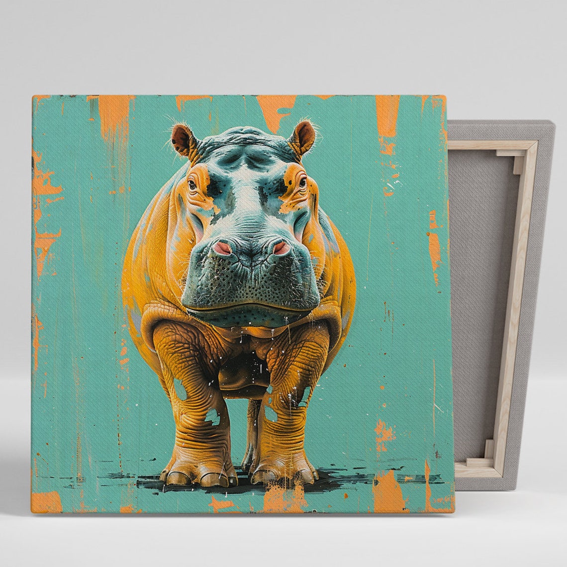 Orange Hippo Pop Art Bold Teal Splash Modern Animal Wall Poster