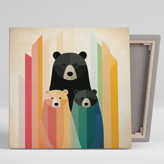 Three Geometric Colorful Bears Rainbow Stripes Mid Century Kids Art Poster
