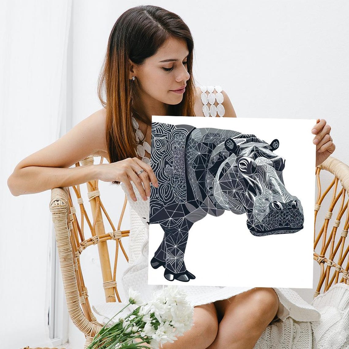 Geometric Hippo Zentangle Pattern Abstract Black White Animal Poster - Image 3