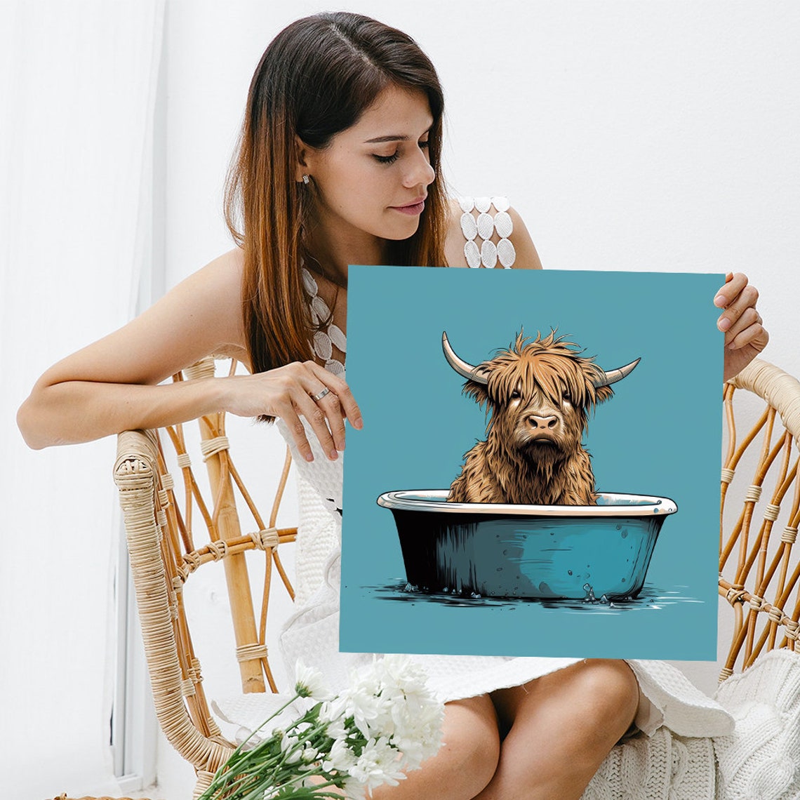 Highland Cow in Bathtub Turquoise Background Funny Farm Wall Poster - Image 3