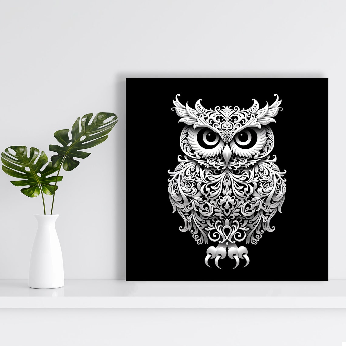 White Owl Mandala Intricate Pattern on Black Background Poster - Image 2