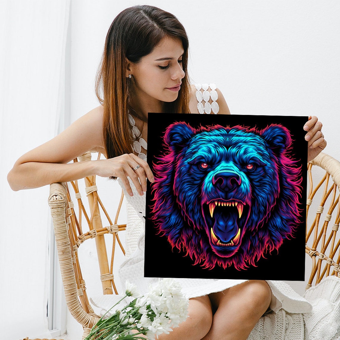 Neon Bear Head Poster Blue Pink Glow Fierce Game Room Animal Decor - Image 3