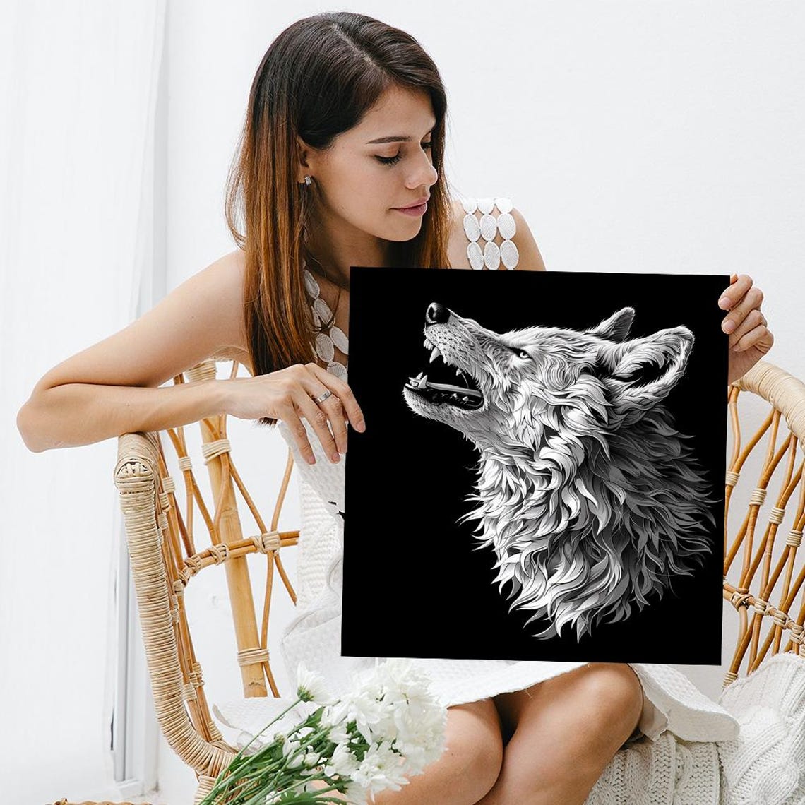 Howling Wolf Head Engraving Style White On Black Wall Art Poster - Image 3