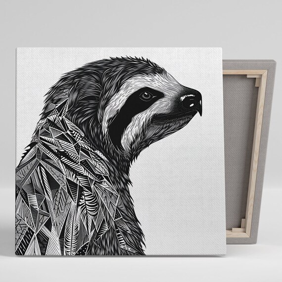 Geometric Sloth Profile Black White Line Art Modern Animal Poster