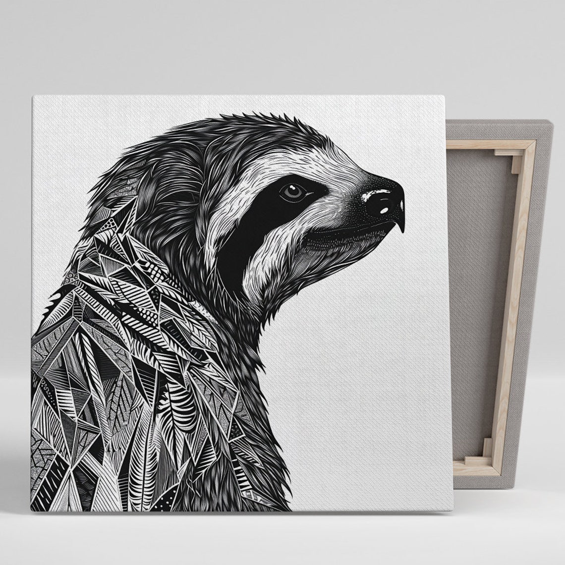 Geometric Sloth Profile Black White Line Art Modern Animal Poster