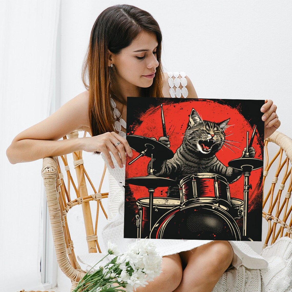 Rock N Roll Feline Drummer, Whimsical Poster Print - Image 3