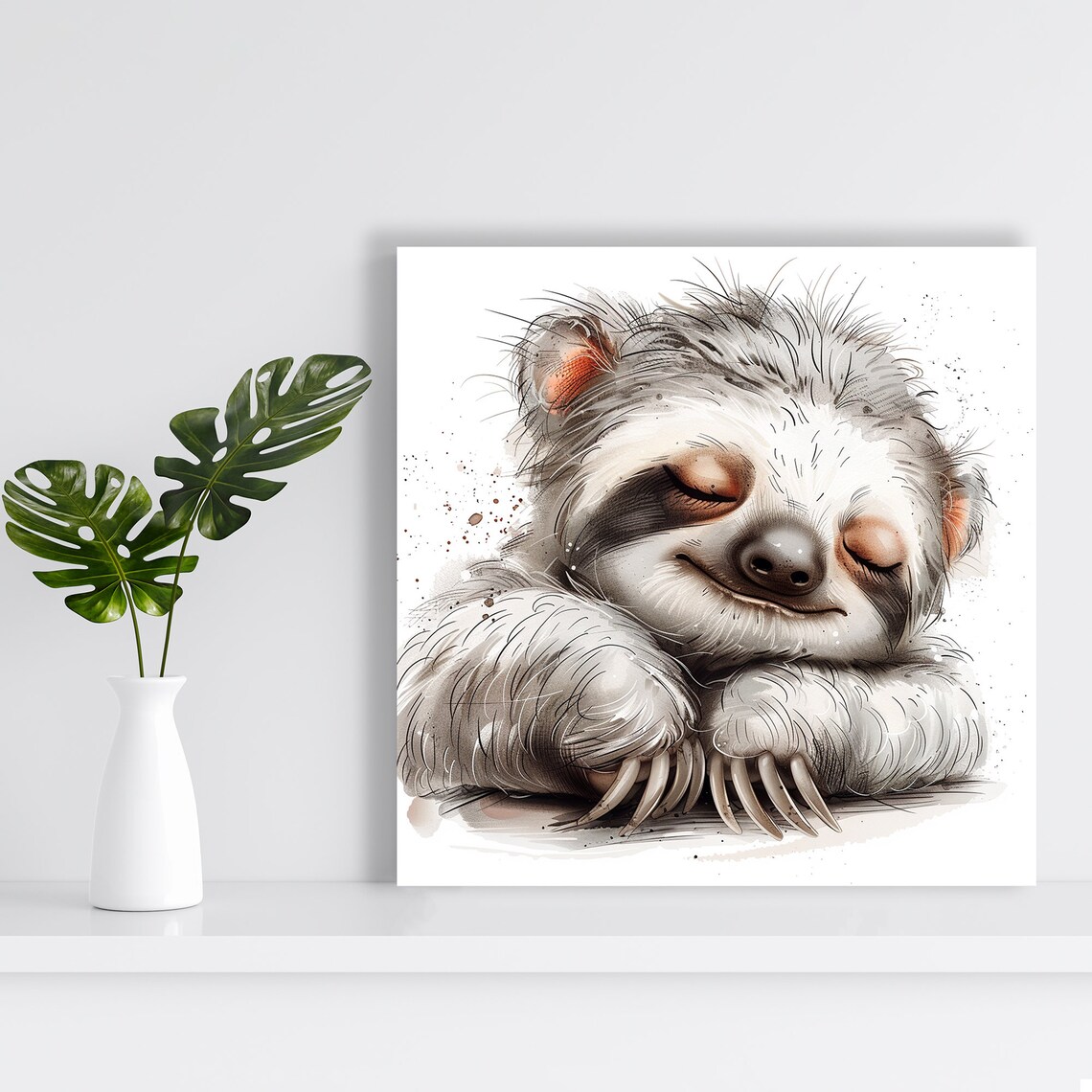 Sleepy Smiling Sloth Watercolor Sketch Cute Animal Wall Poster - Image 2