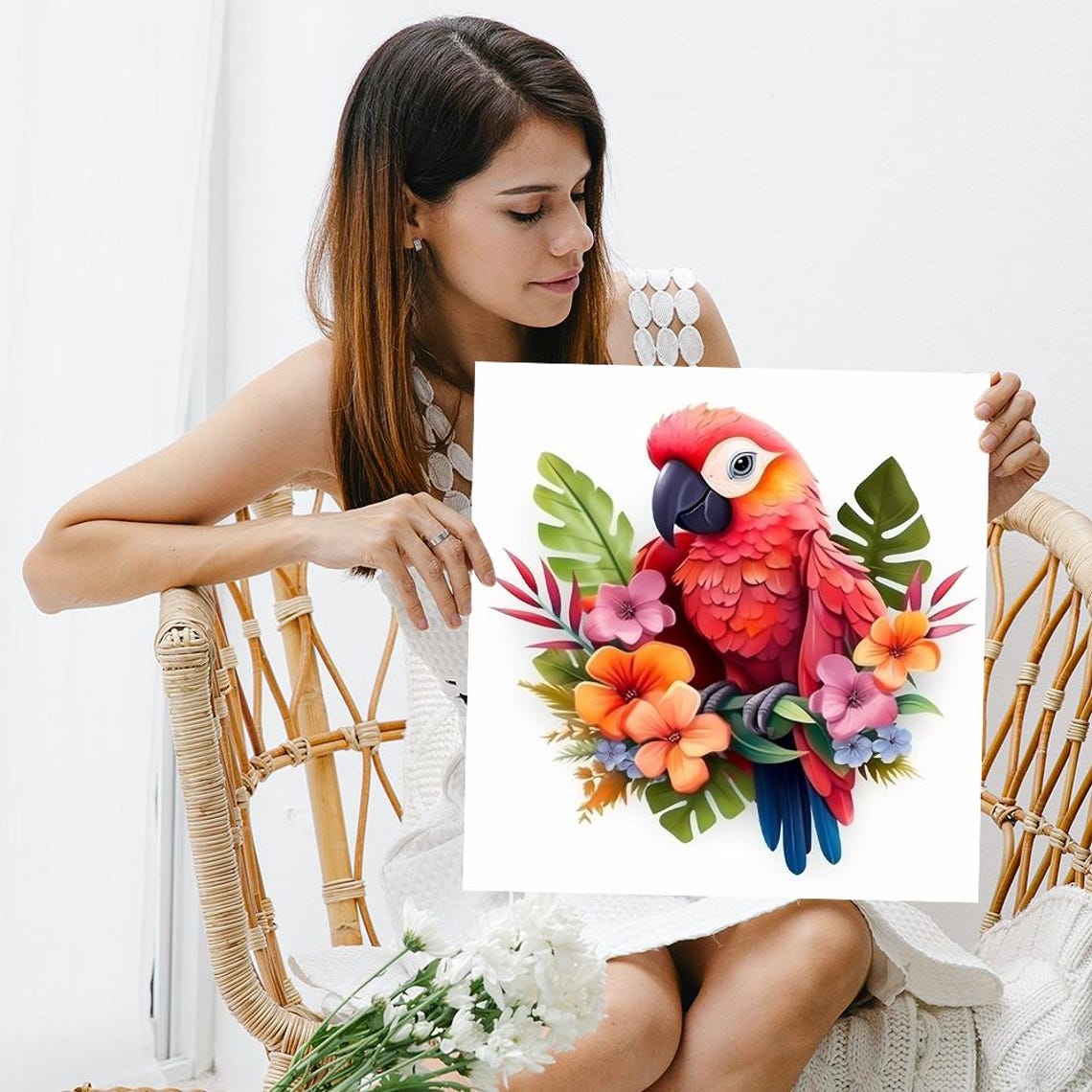 Red Parrot With Tropical Flowers Monstera Leaves Bohemian Poster - Image 3