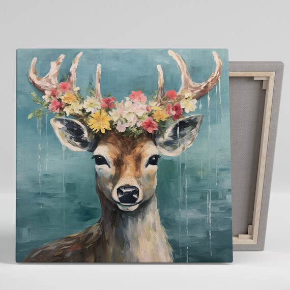 Floral Crown Deer Portrait Pink Yellow Wildflower Headpiece Nature Wall Poster