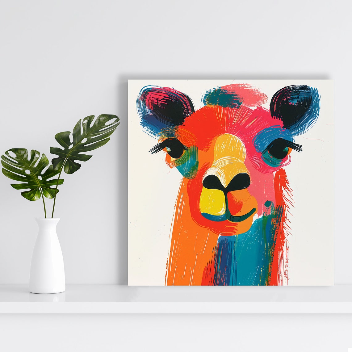 Colorful Llama Face Red Orange Blue Bold Brushwork Art Poster - Image 2
