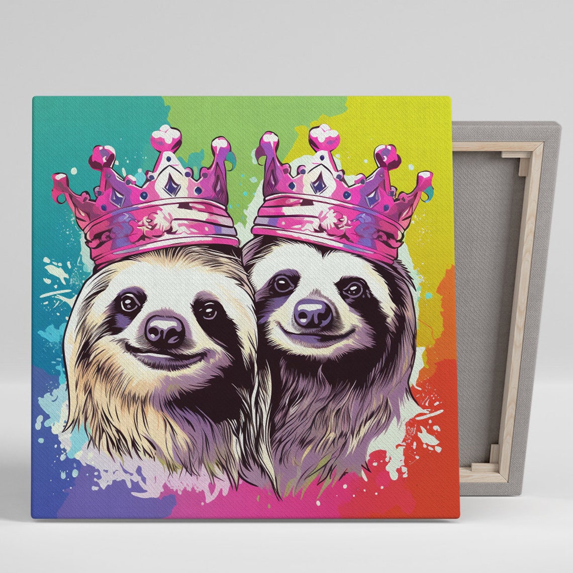 Smiling Sloth Duo Wearing Pink Crowns Pop Art Rainbow Wall Poster