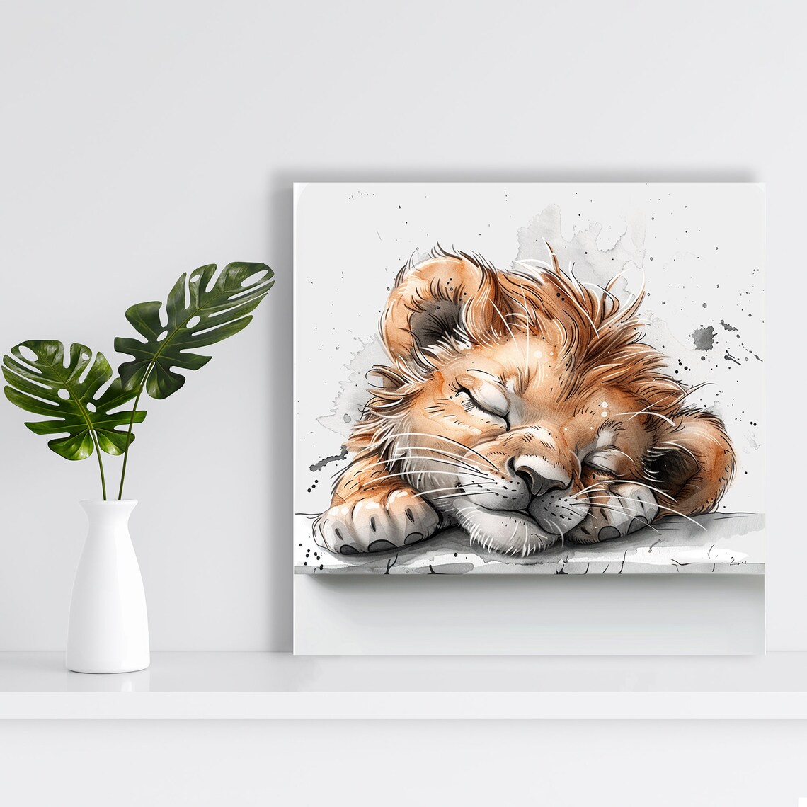 Sleeping Lion Cub Watercolor Soft Nursery Baby Animal Poster - Image 2