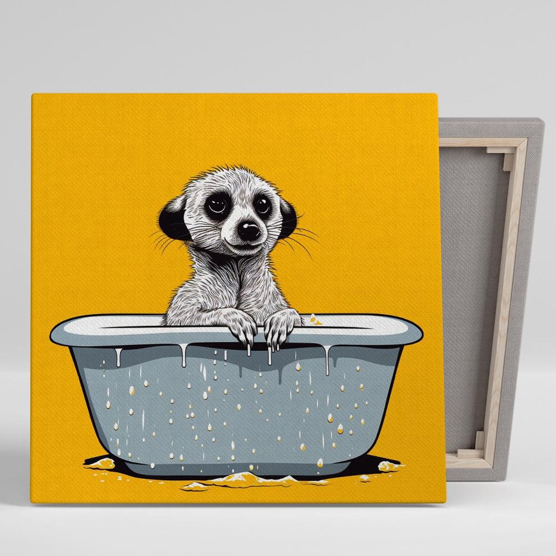 Baby Meerkat Bathtub Soak Yellow Background Cute Funny Animal Poster