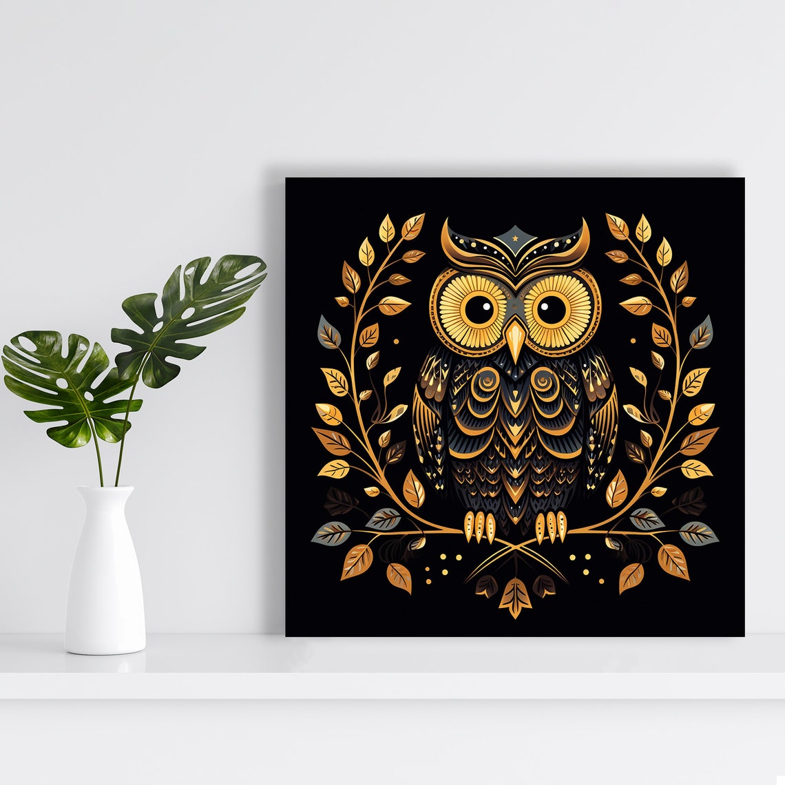 Golden Owl Black Gold Art Deco Elegant Leaf Wreath Bird Poster - Image 2