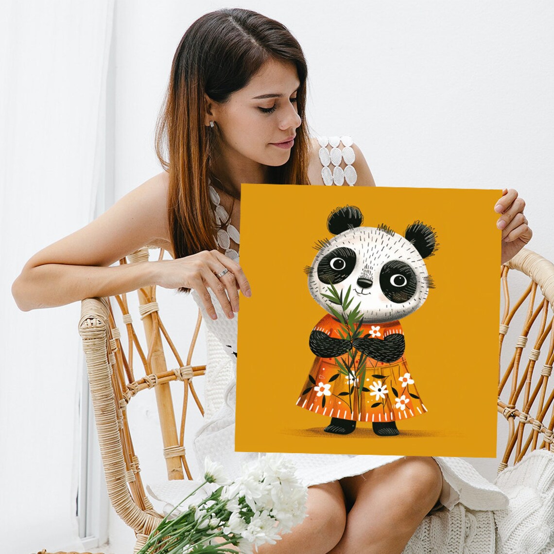 Cute Panda Girl Orange Floral Dress Bamboo Mustard Nursery Art Poster - Image 3