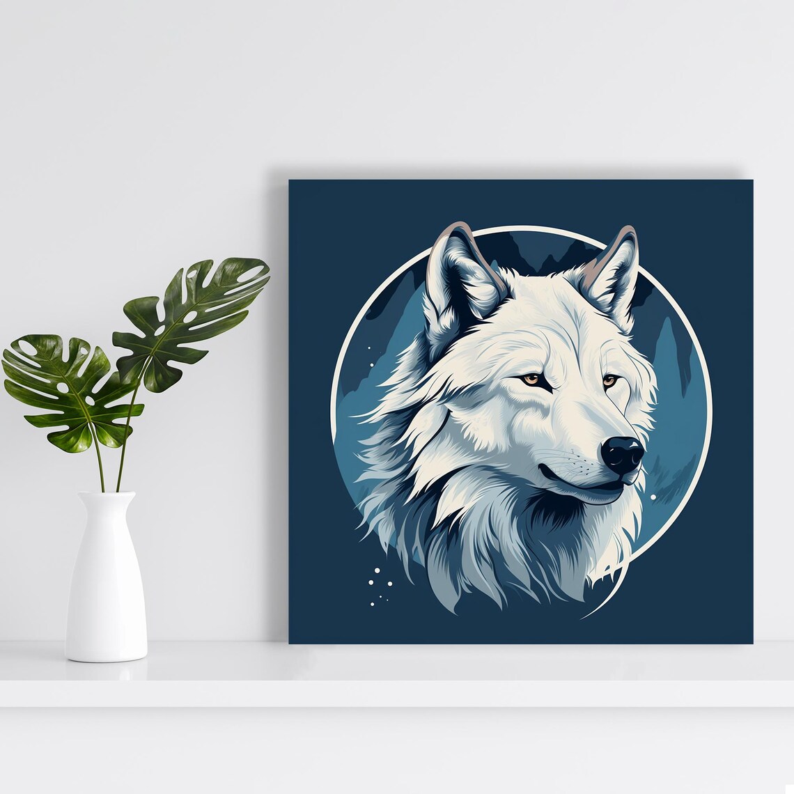 Arctic White Wolf Circle Portrait Navy Background Minimalist Wild Poster - Image 2