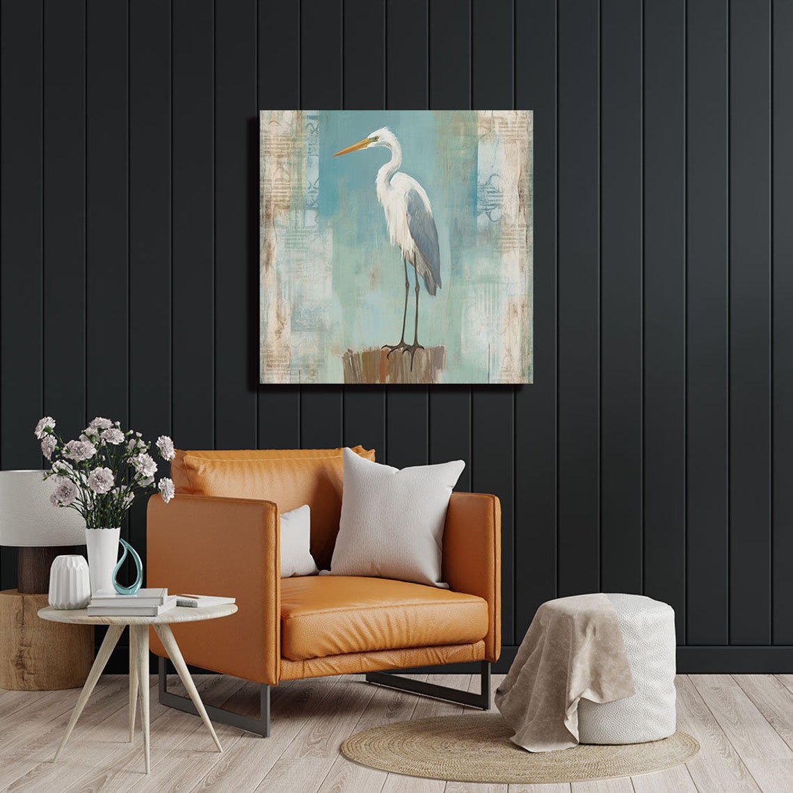 White Egret Standing On Post Soft Coastal Watercolor Bird Wall Poster - Image 2