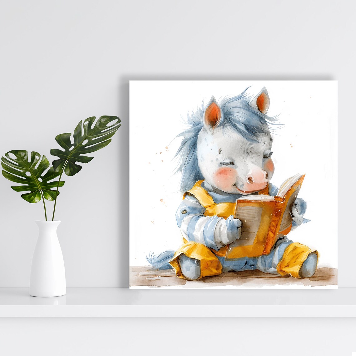 Baby Pony Reading Book Yellow Raincoat Soft Watercolor Nursery Poster - Image 2