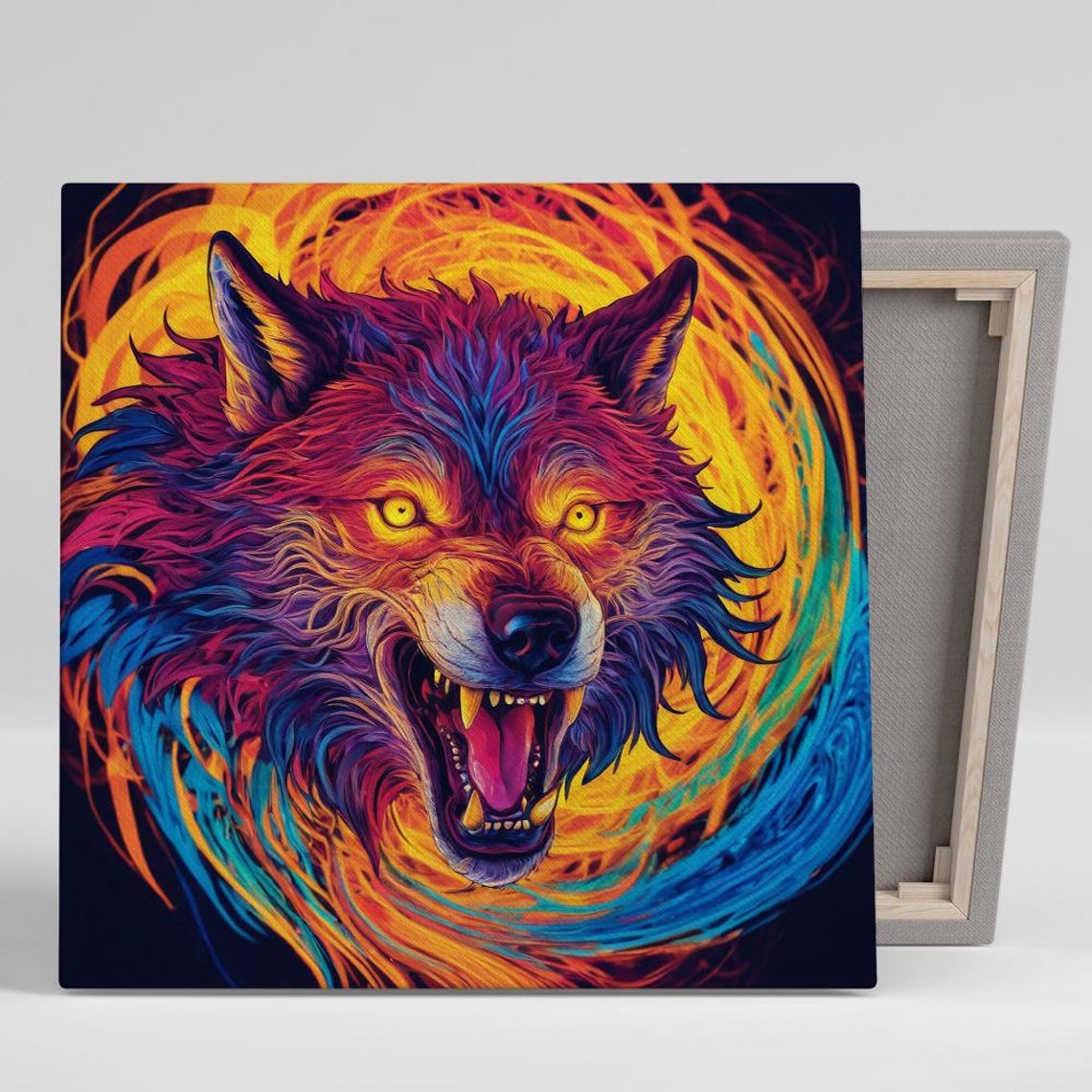 Fierce Snarling Wolf Head Neon Rainbow Flame Swirl Animal Art Poster