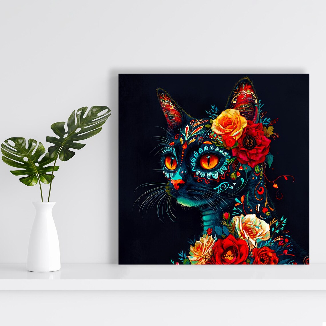 Day of the Dead Sugar Skull Cat Roses Neon Floral Black Background Wall Poster - Image 2
