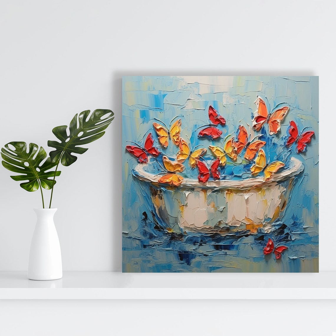 Red Orange Butterflies White Bathtub Blue Whimsical Art Wall Poster - Image 2
