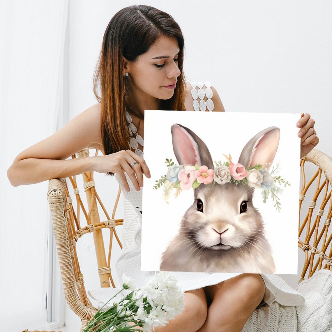 Floral Crown Bunny Whimsical Farmhouse Nursery Art Print - Image 3