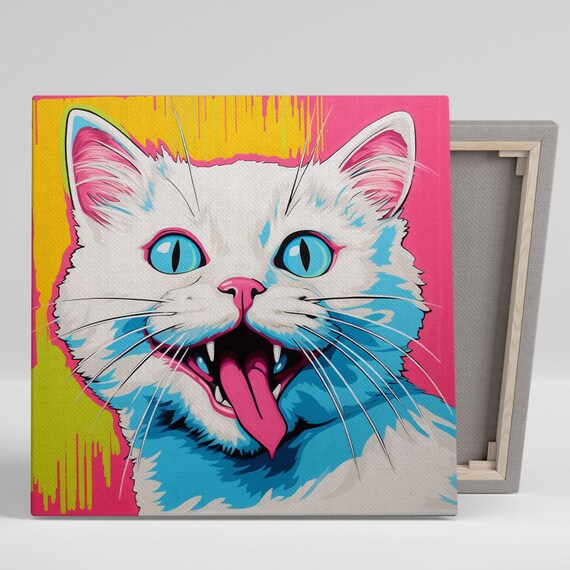 White Cat With Bright Blue Eyes Pop Art Neon Pink Yellow Animal Poster