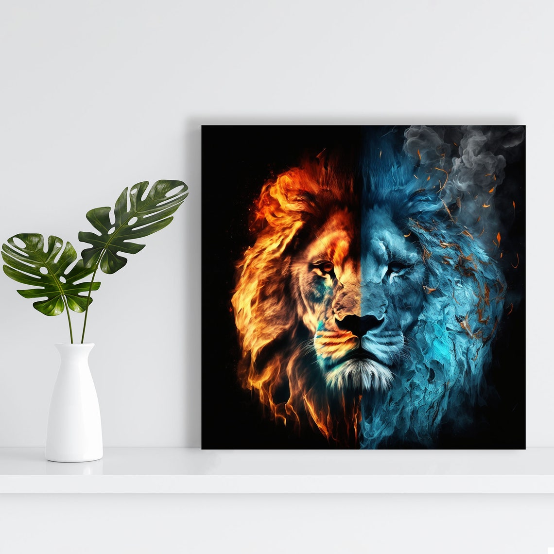 Lion Fire Ice Split Face Dramatic Wildlife Art Black Background Poster - Image 2