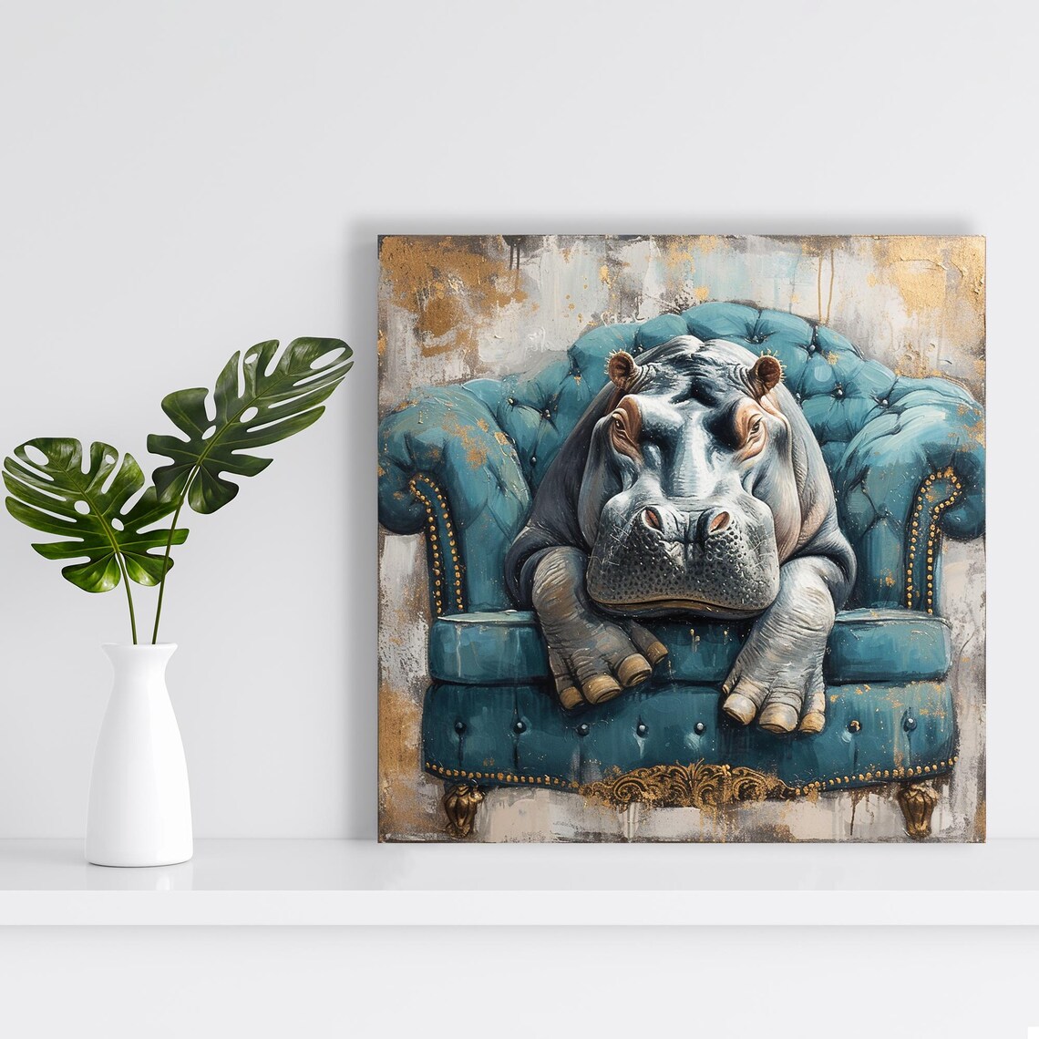Regal Hippo Relaxation, Whimsical Glam Art Print - Image 2
