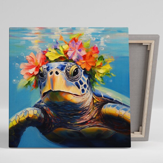 Tropical Turtle Bliss Art Or Poster Whimsical Animal Decor Living Room Bathroom Children Room Bedroom Wall Art Blue Orange Green