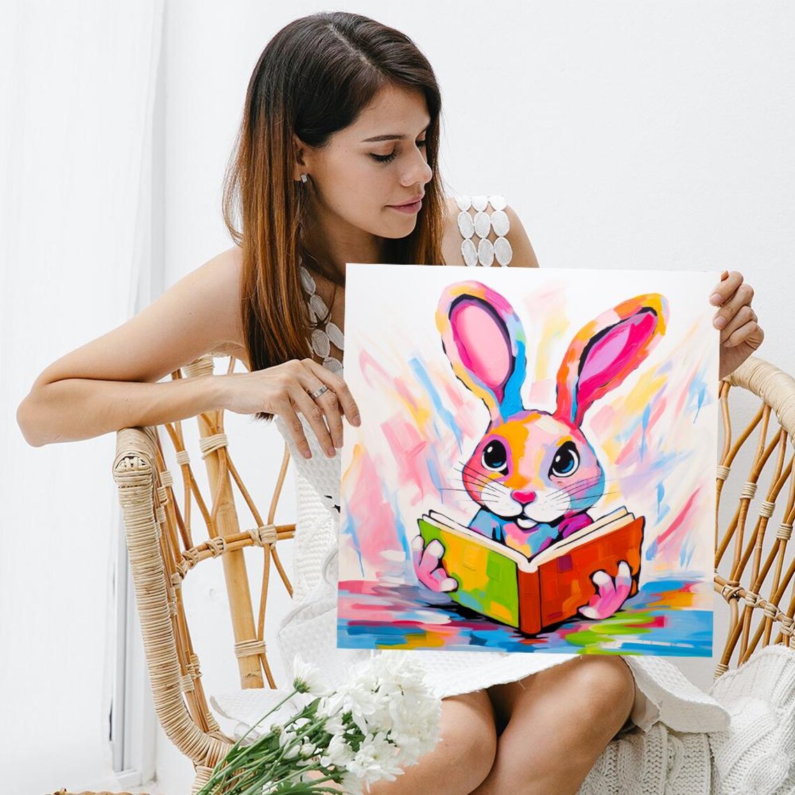 Rainbow Bunny Reading Book Colorful Watercolor Nursery Kids Room Poster - Image 3