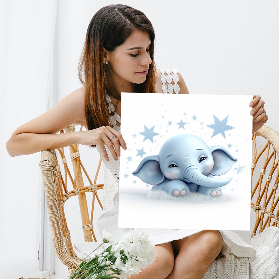 Baby Blue Elephant with Stars Sweet Nursery Watercolor Wall Art - Image 3