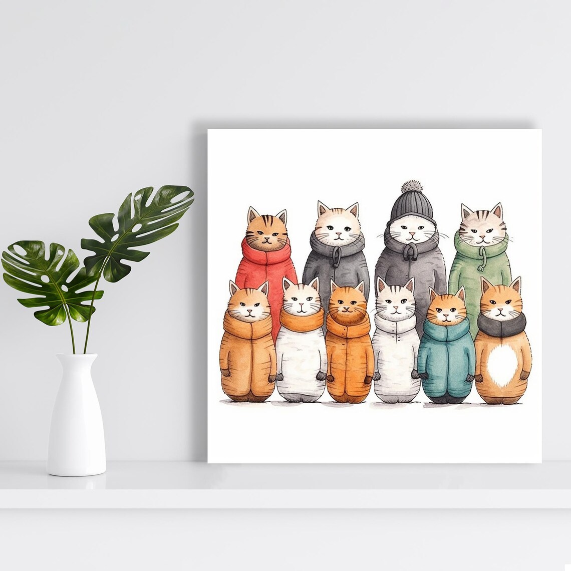 Cozy Cats Winter Coats Watercolor Nine Cute Feline Friends Art Poster - Image 2