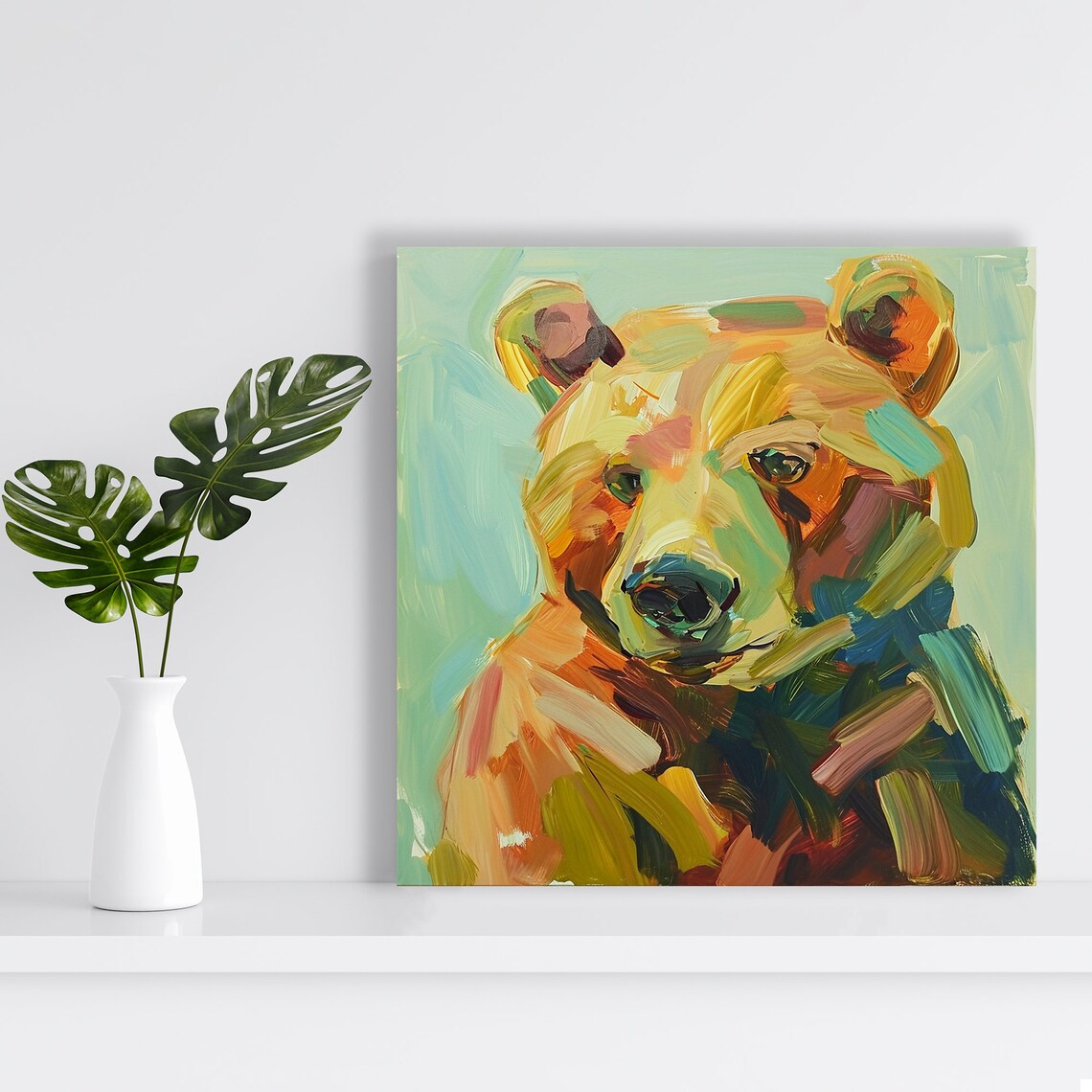 Abstract Bear Colorful Brushstroke Teal Yellow Orange Modern Art Poster - Image 2