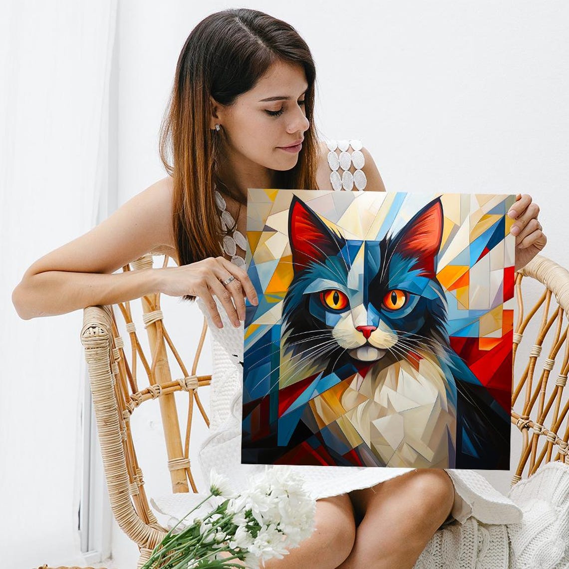 Geometric Abstract Cat Blue Red White Cubist Style Wall Art Poster - Image 3