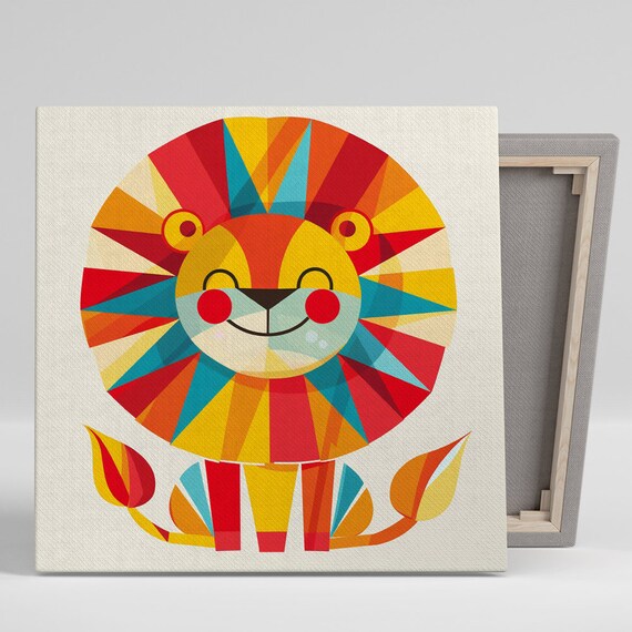 Geometric Lion Face Poster Sunburst Mane Rainbow Kids Animal Decor
