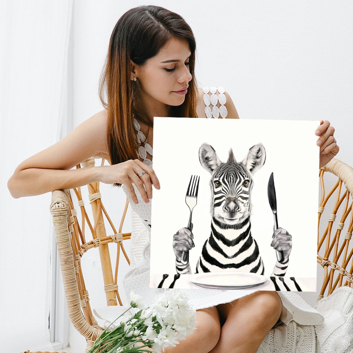 Baby Zebra Dinner Date Holding Fork And Knife Cute Kitchen Whimsy Poster - Image 3