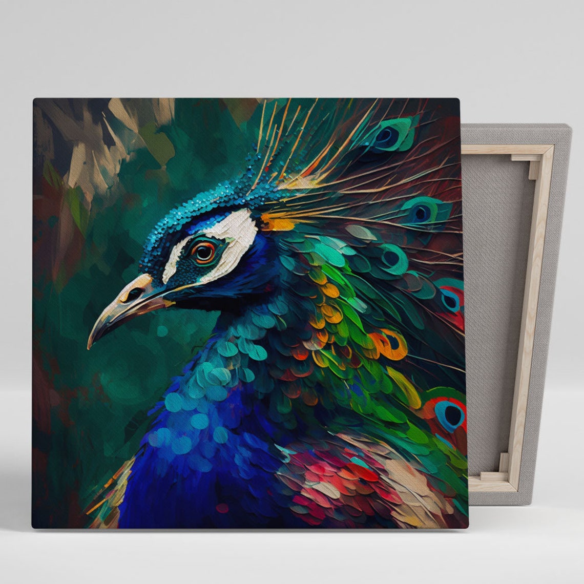 Colorful Peacock Head Close Up Painterly Blue Green Plumage Poster