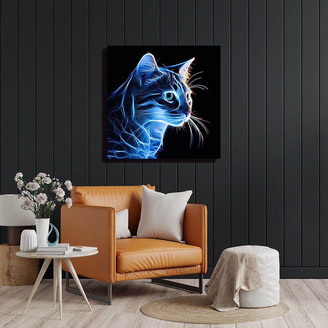 Neon Blue Fractal Cat Profile Black Background Modern Animal Poster - Image 2