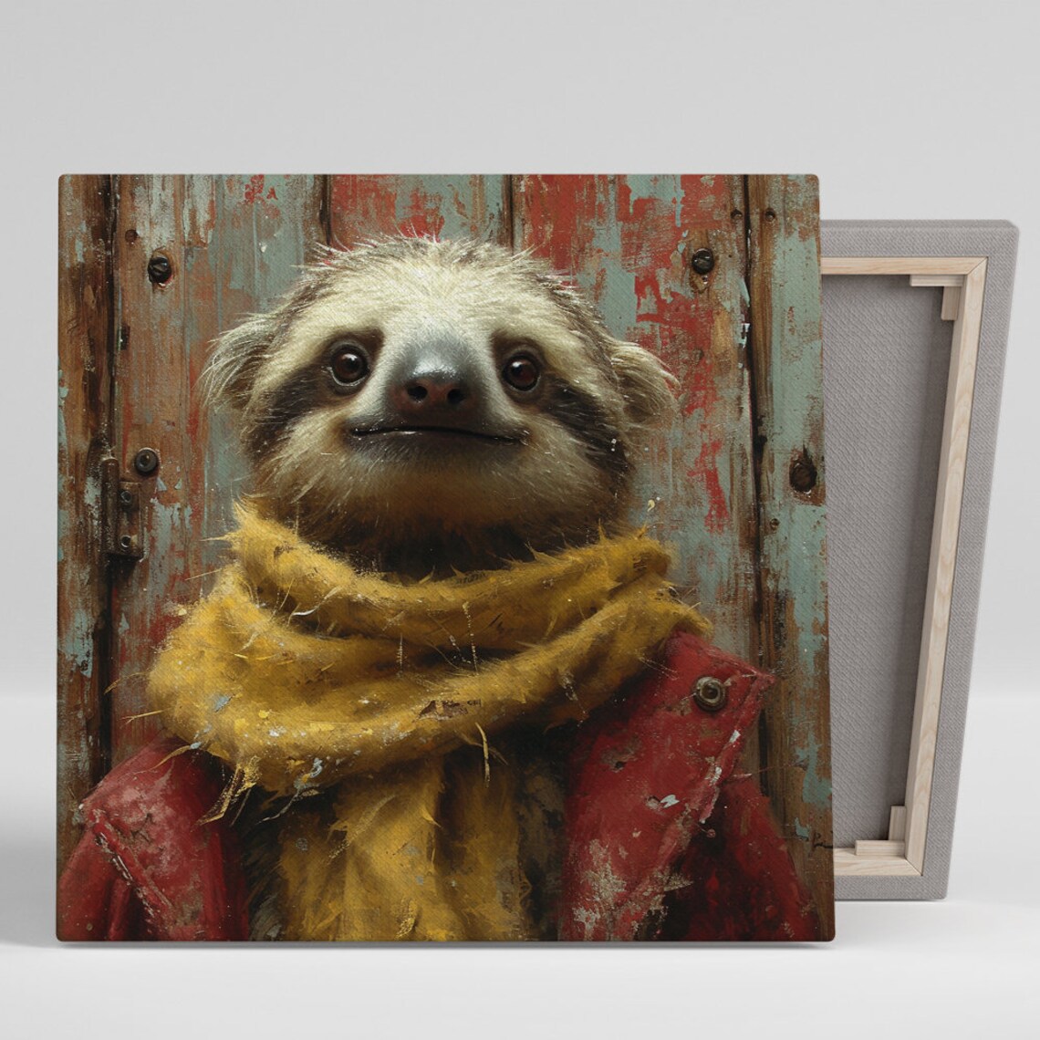 Cozy Sloth Wearing Yellow Scarf Red Jacket Rustic Painted Door Scene Poster