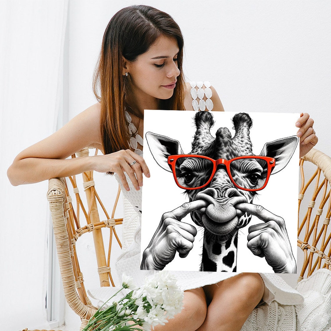 Funny Giraffe Red Glasses Silly Face Black White Animal Poster - Image 3