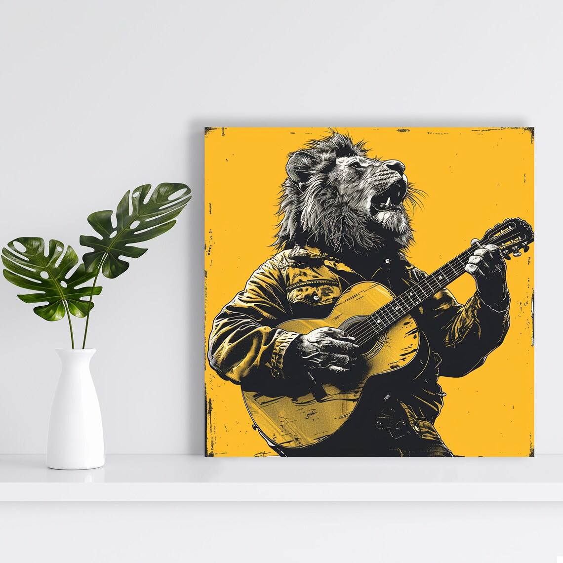 Lion Rock Star Singing Guitar Vintage Black Gold Music Poster - Image 2