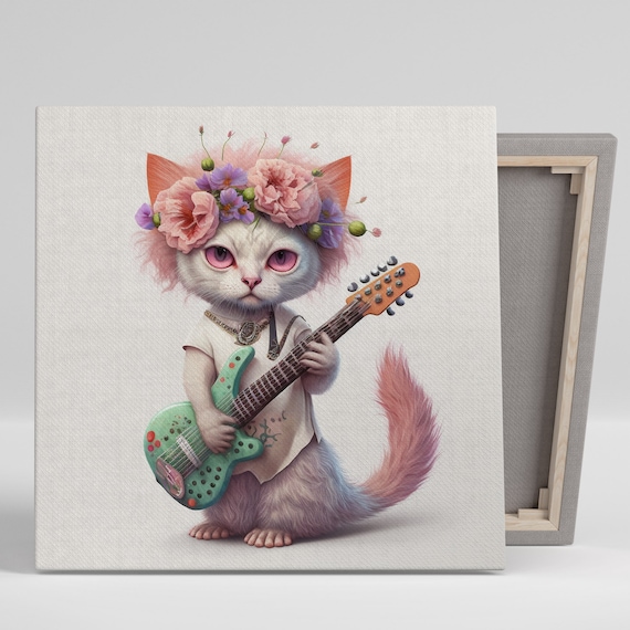 Cute Cat Flower Crown Green Electric Guitar Playful Animal Poster