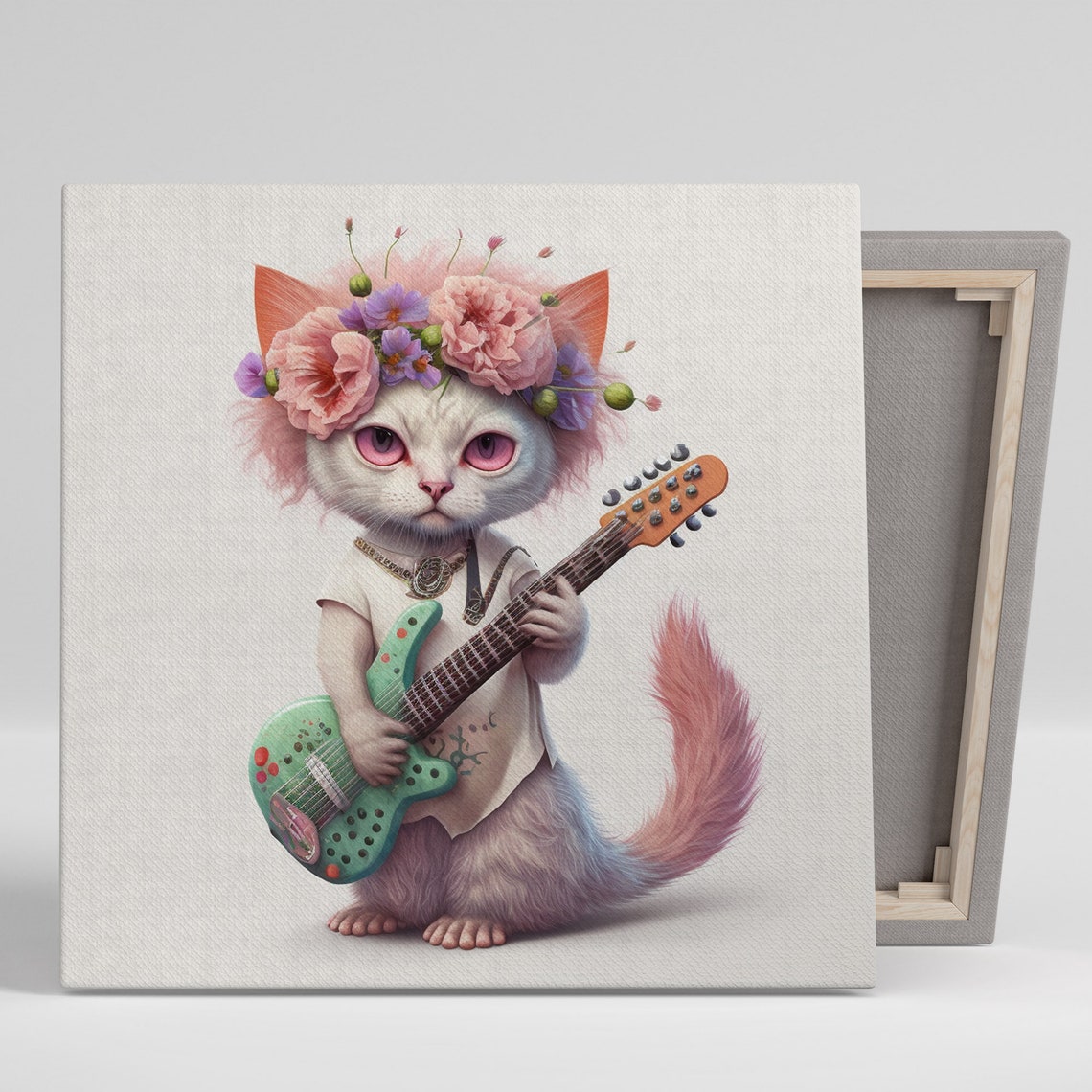 Cute Cat Flower Crown Green Electric Guitar Playful Animal Poster