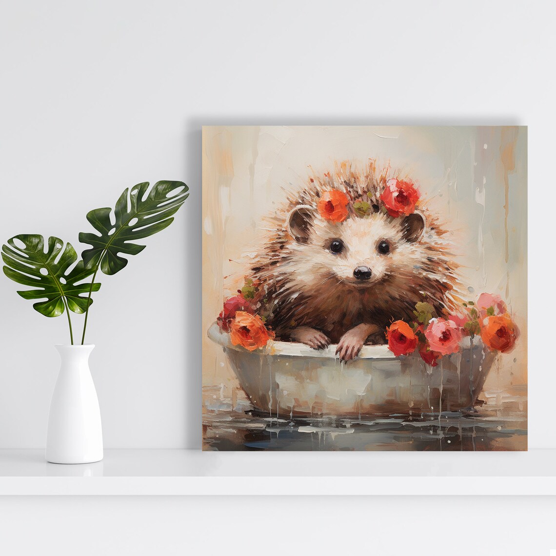 Hedgehog Flower Bath Cute Floral Bohemian Nursery Wall Art Print - Image 2