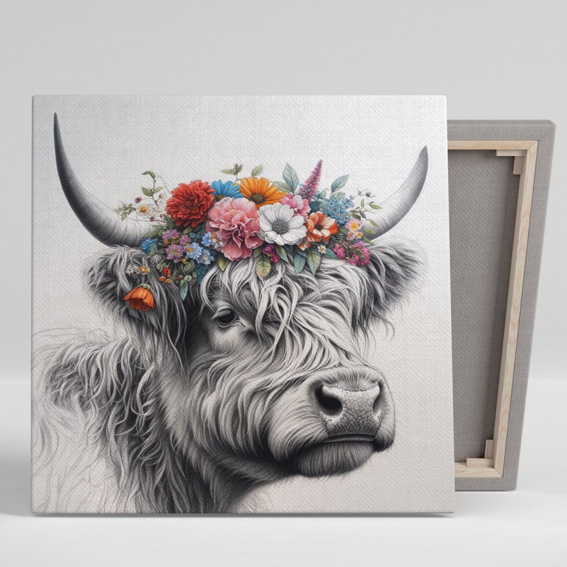 Floral Highland Cow Art Print, Bathroom Decor