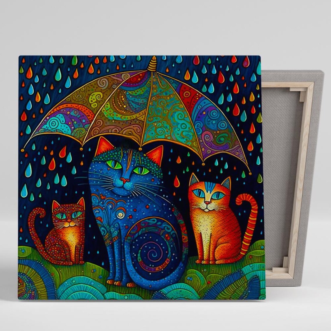 Colorful Cat Umbrella Harmony, Whimsical Animal Art Print