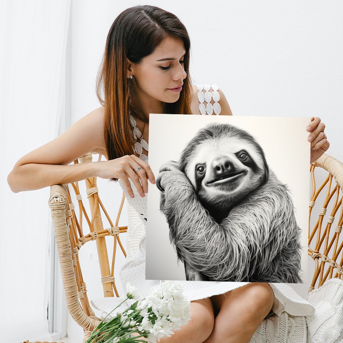 Smiling Sloth Portrait Black White Cute Happy Face Minimalist Animal Art - Image 3